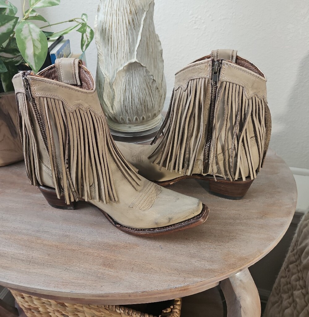 Circle G Tan Leather Fringe Ankle Boots - Picture 2 of 6